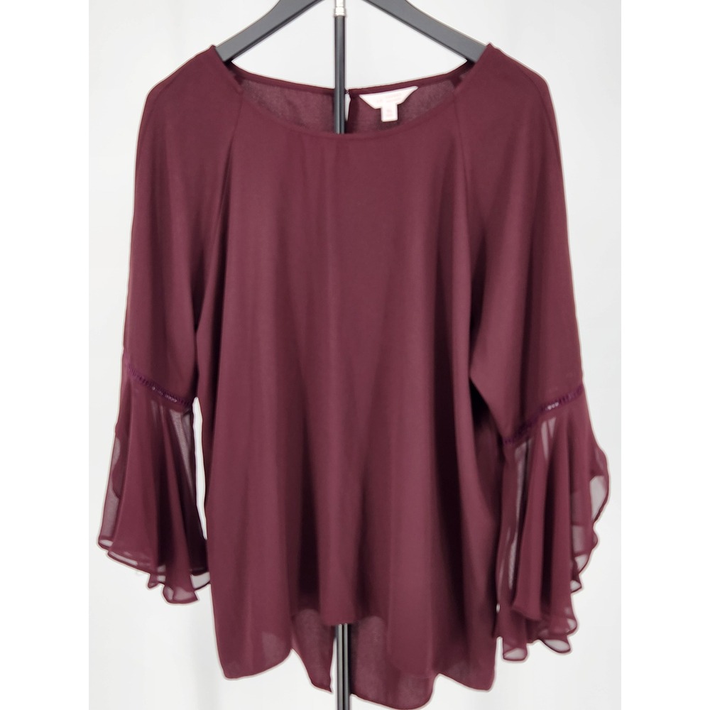 LC Lauren Conrad Burgundy Bell Sleeve Blouse XL Sheer Ruffle Ladder Lace Top